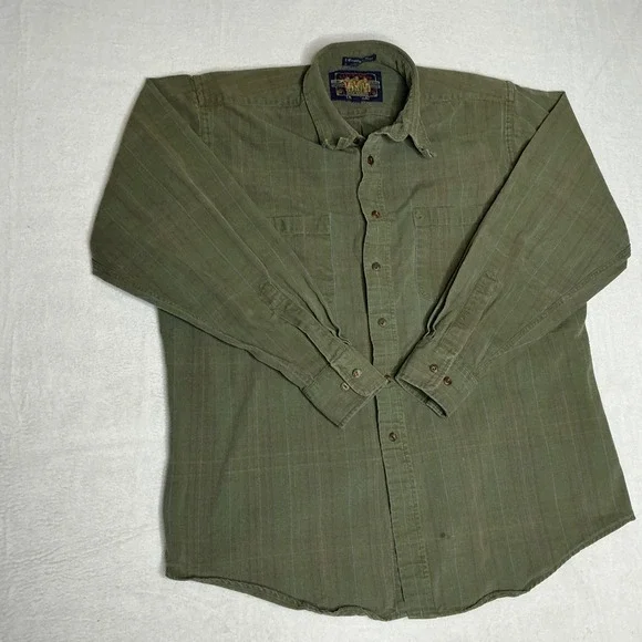 Vtg Ralph Lauren Chaps Work Shirt Mens 16.5 Olive Green Striped Country Cotton - Picture 1 of 6
